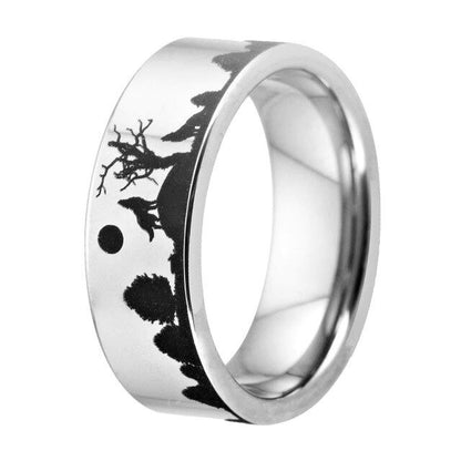 8mm Howling Wolves Silver Tungsten Unisex Ring
