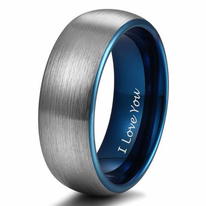 8mm I Love You Engraved Blue Silver Tungsten Unisex Ring