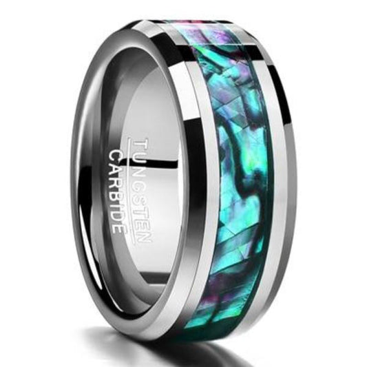 8mm Inlaid Abalone Shell Beveled Silver Tungsten Mens Ring
