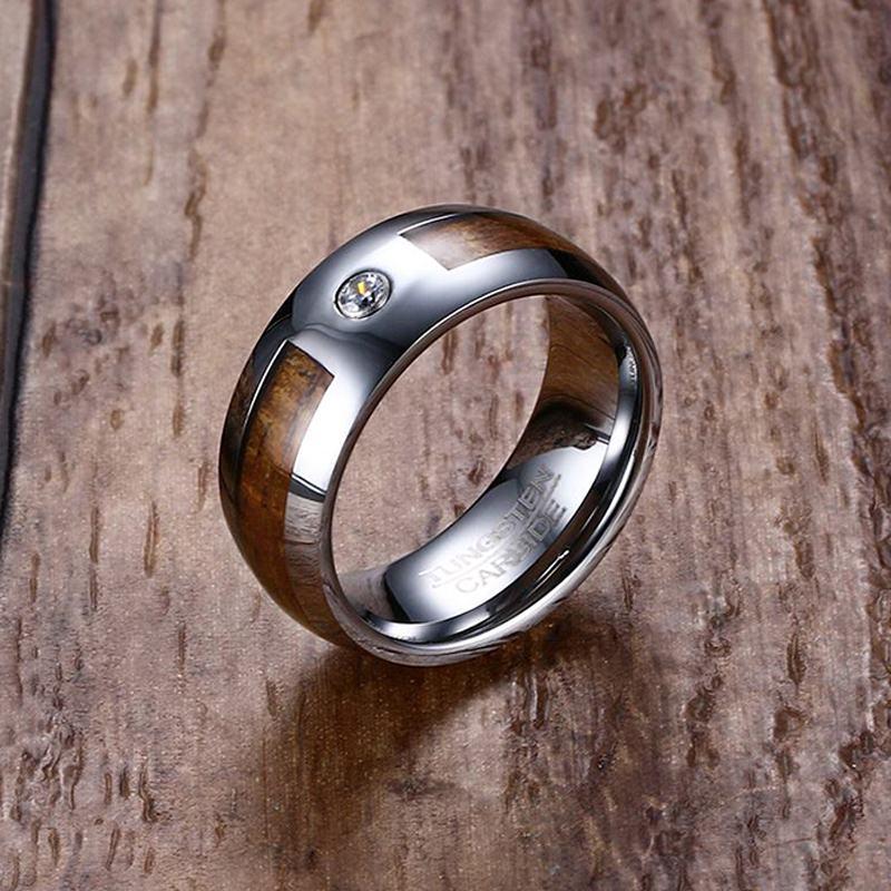 8mm Inlaid Solid Wood & CZ Stone Silver Tungsten Men's Ring