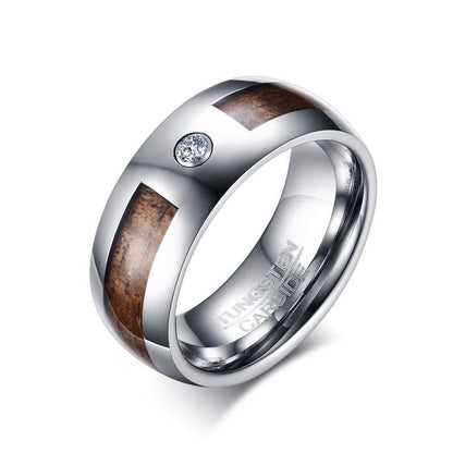 8mm Inlaid Solid Wood & CZ Stone Silver Tungsten Men's Ring
