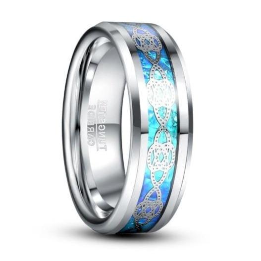 8mm Knot Inlay Pattern & Imitation Blue Opal Silver Tungsten Mens Ring