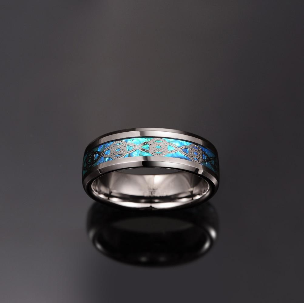 8mm Knot Inlay Pattern & Imitation Blue Opal Silver Tungsten Mens Ring