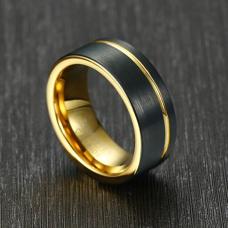 8mm Luxury Gold Color Groove & Black Mens Ring