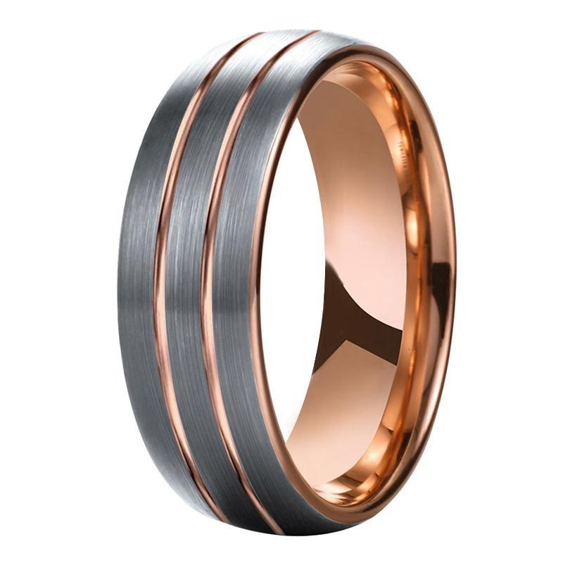 8mm Luxury Rose Gold Grooved Matte Tungsten Mens Ring