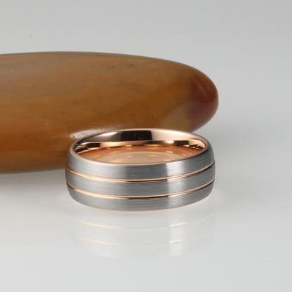 8mm Luxury Rose Gold Grooved Matte Tungsten Mens Ring
