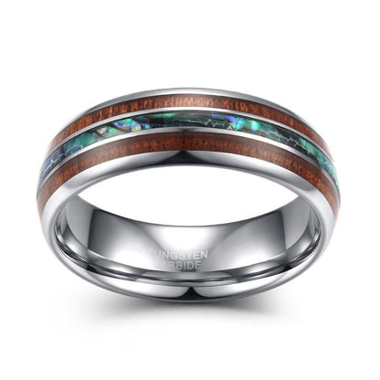 8mm Luxury Wood & Abalone Shell Silver Tungsten Mens Ring