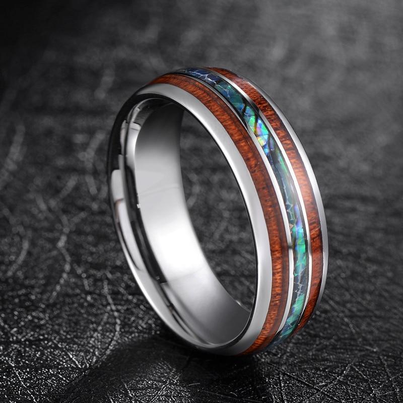 8mm Luxury Wood & Abalone Shell Silver Tungsten Mens Ring