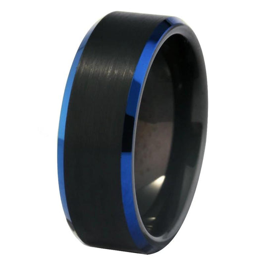 8mm Matte Black & Blue Polished Edges Tungsten Mens Ring