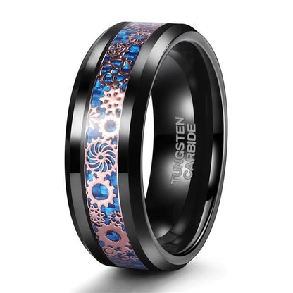8mm Mechanical Gears Inlay Black & Blue Tungsten Mens Ring