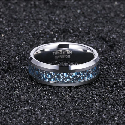 8mm Mechanical Gears Inlay Silver & Blue Tungsten Mens Ring