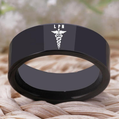 8mm Medical Snakes Symbol Black Tungsten Unisex Ring