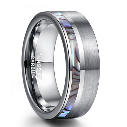 8mm Natural Abalone Shell Tungsten Silver Mens Ring