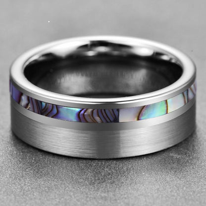 8mm Natural Abalone Shell Tungsten Silver Mens Ring