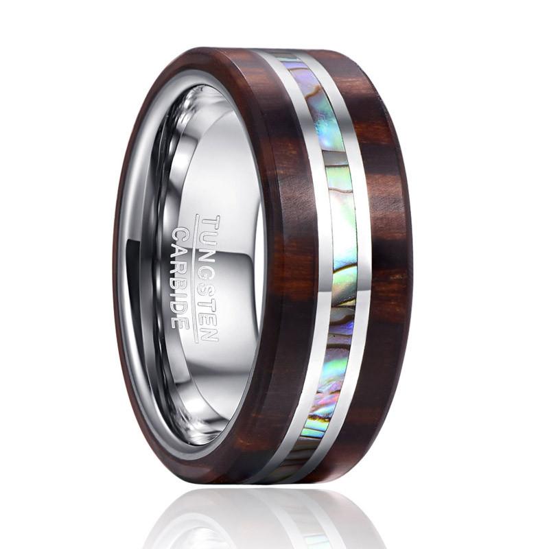 8mm Natural Abalone Shell & Wood Grain Silver Tungsten Mens Ring