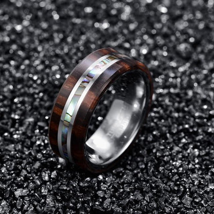 8mm Natural Abalone Shell & Wood Grain Silver Tungsten Mens Ring