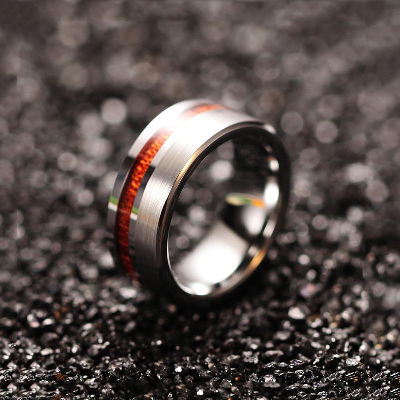 8mm Natural Wood Silver Tungsten Mens Ring