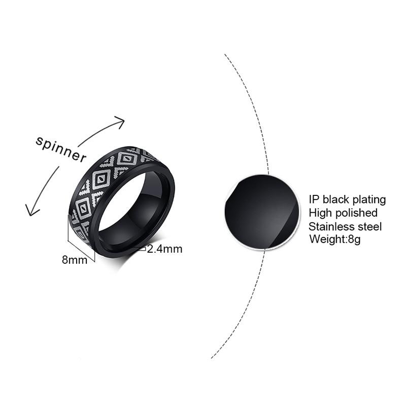 8mm Patterned Black Stainless Steel Mens Spinner Ring