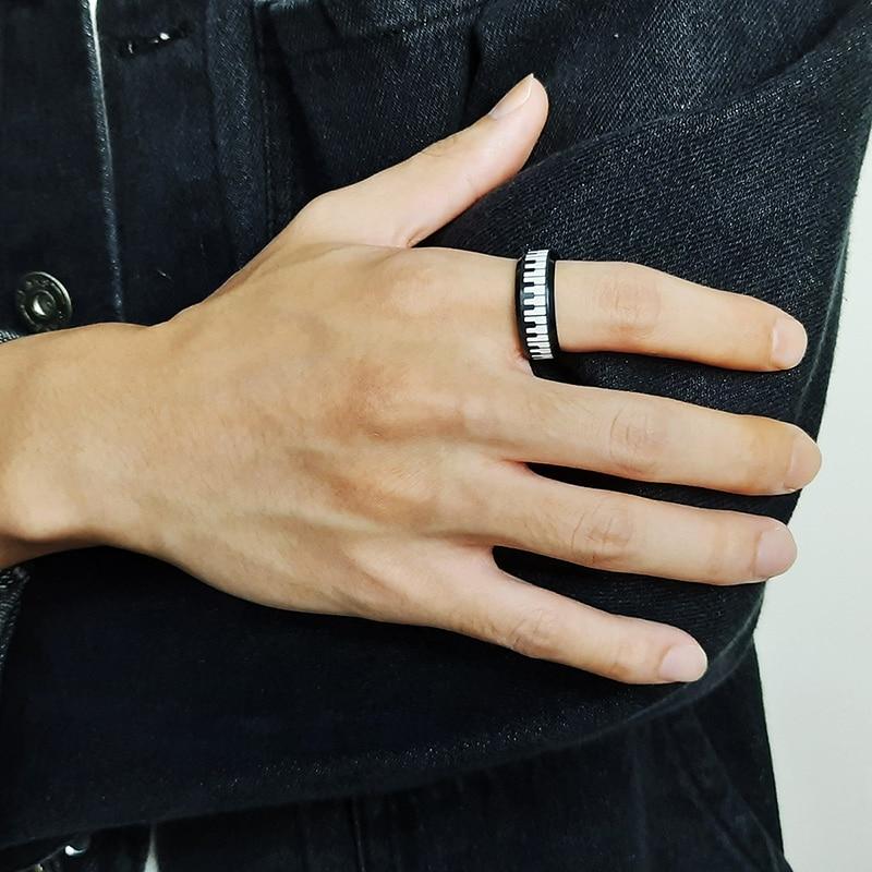8mm Piano Keyboard Black Stainless Steel Mens Ring