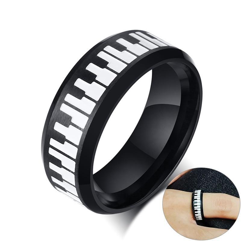 8mm Piano Keyboard Black Stainless Steel Mens Ring