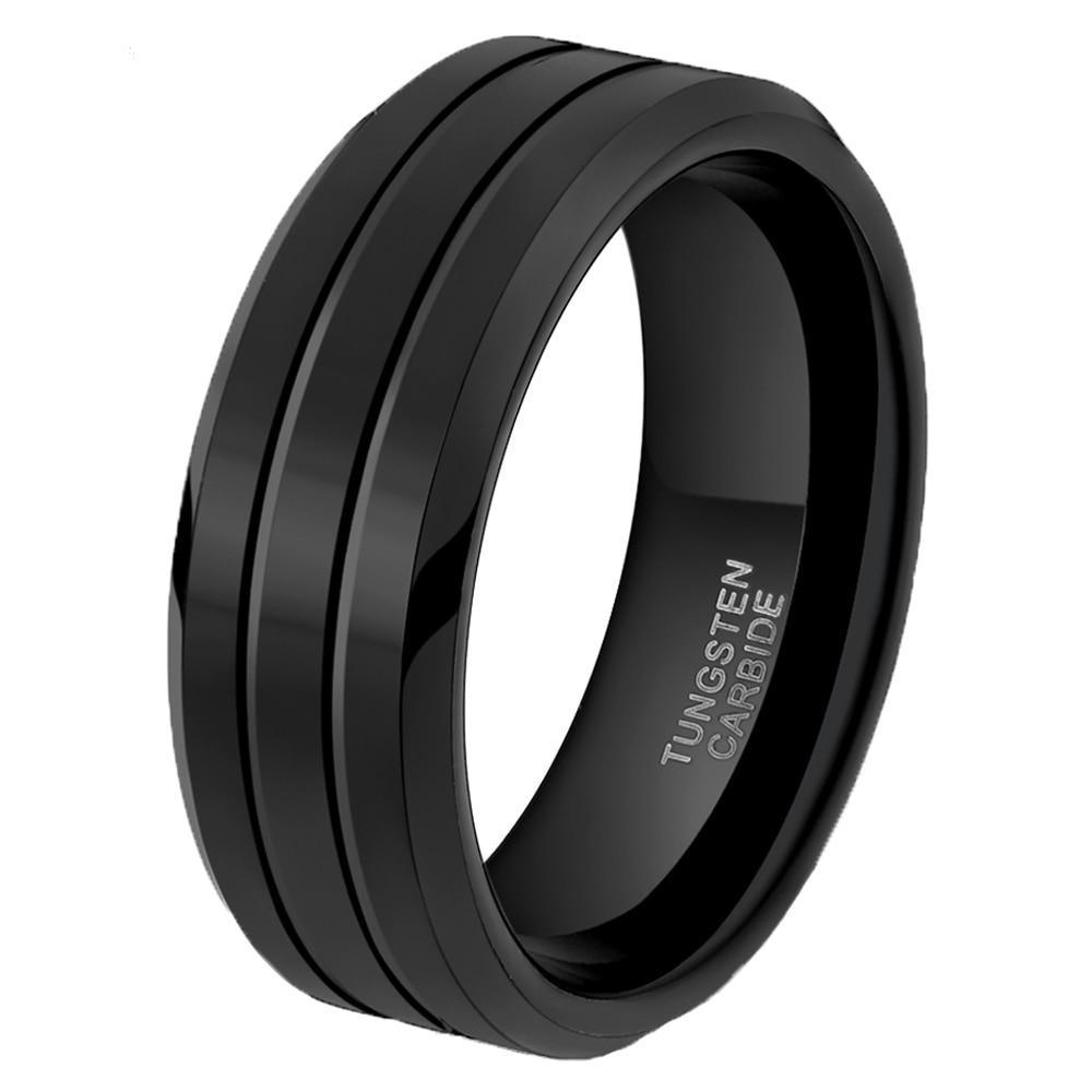 8mm Pure Black Two Groove Tungsten Mens Ring