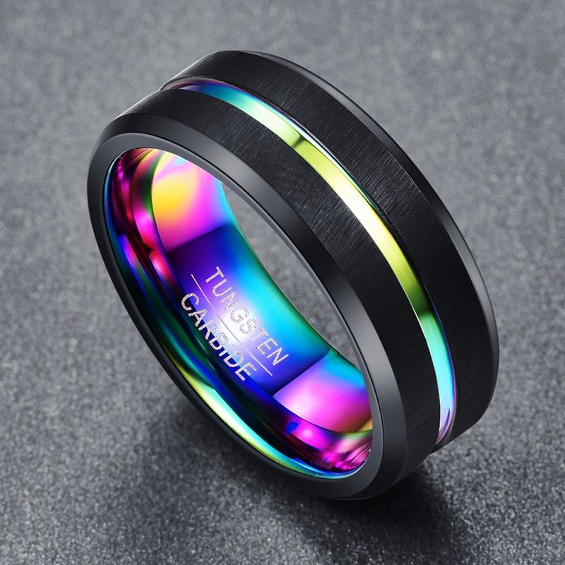 8mm Rainbow Black Matte Tungsten Mens Ring