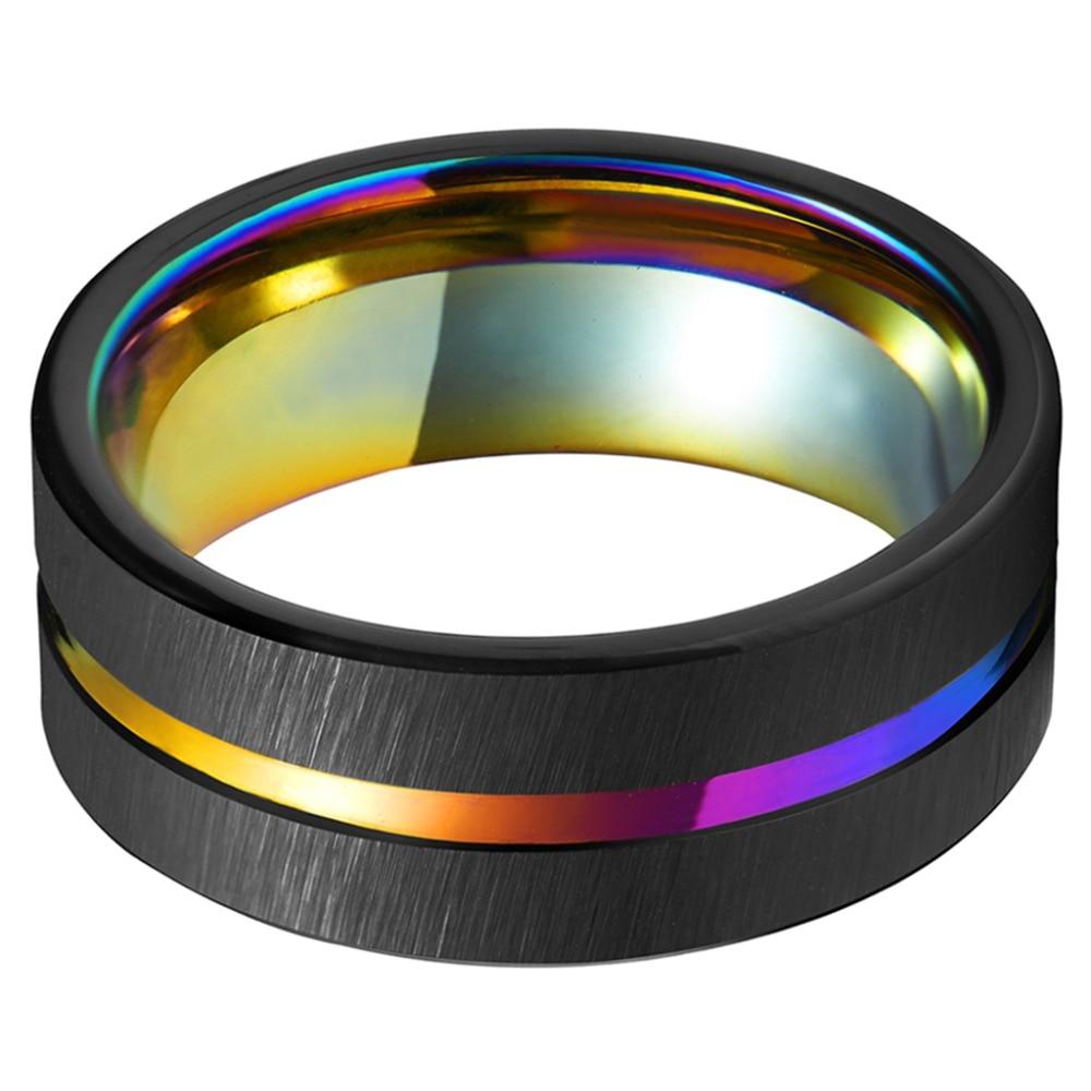 8mm Rainbow Groove & Black Tungsten Mens Ring
