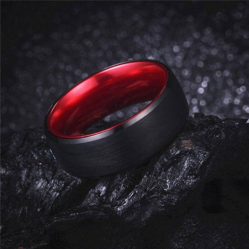 8mm Red & Black Brushed Tungsten Mens Ring