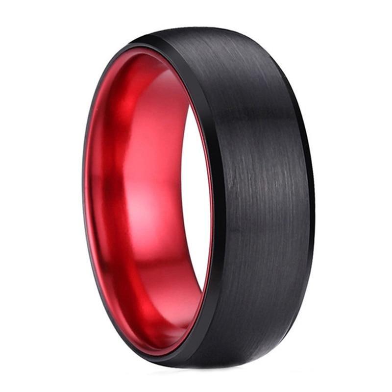 8mm Red & Black Brushed Tungsten Mens Ring - Promise Rings