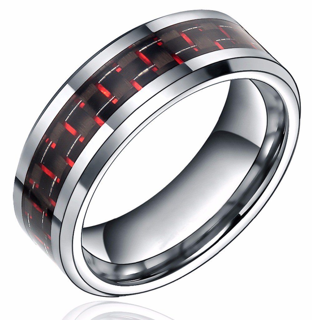 8mm Red & Black Carbon Fiber Inlay Silver Tungsten Mens Ring