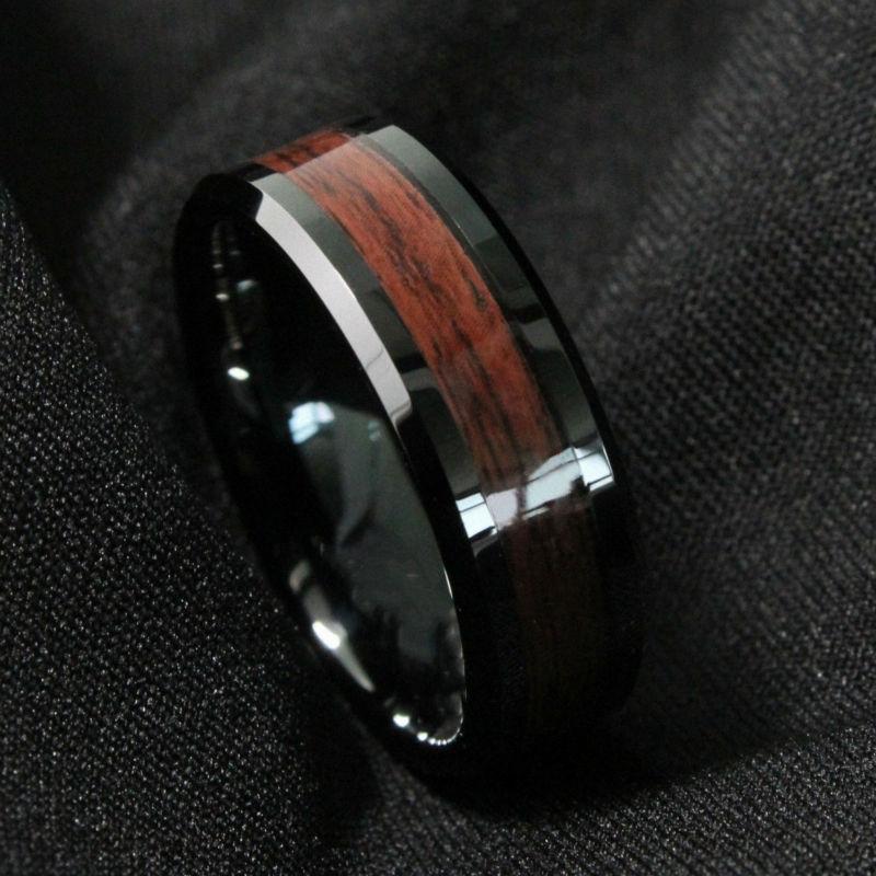 8mm Red Wood Inlay Tungsten Mens Ring