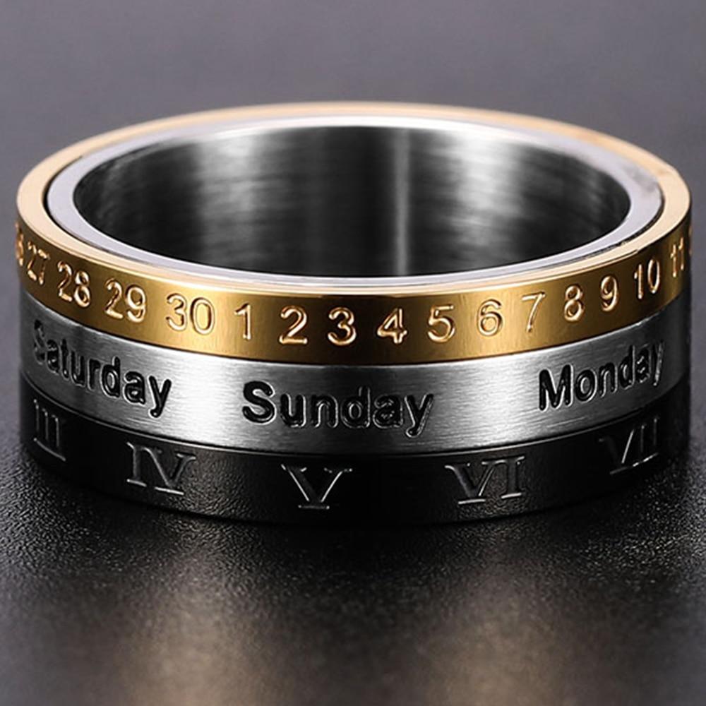8mm Roman Numerals Date Calendar Rotatable Spinner Mens Ring