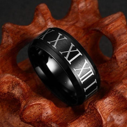 8mm Roman Numerals Stainless Steel Black Mens Ring