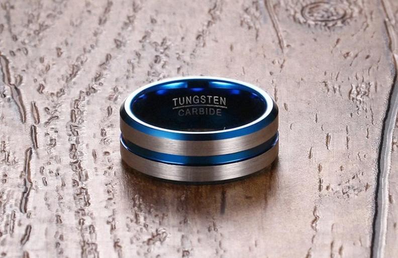 8mm Silver and Blue Groove Tungsten Mens Ring