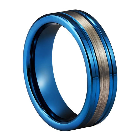 8mm Silver Band Blue Tungsten Mens Ring