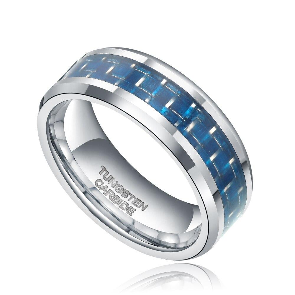 8mm Silver Blue Carbon Fiber Inlay Mens Ring
