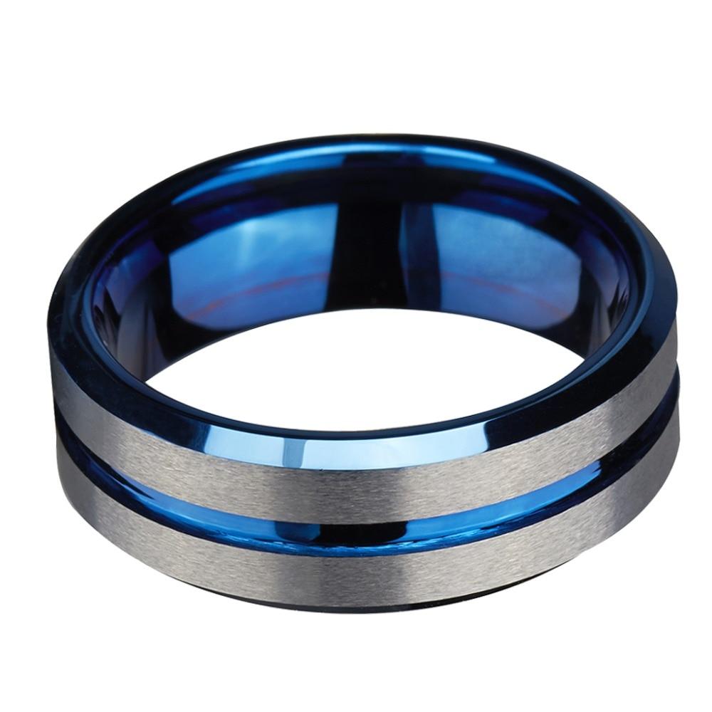 8mm Silver & Blue Groove Matte Tungsten Mens Ring