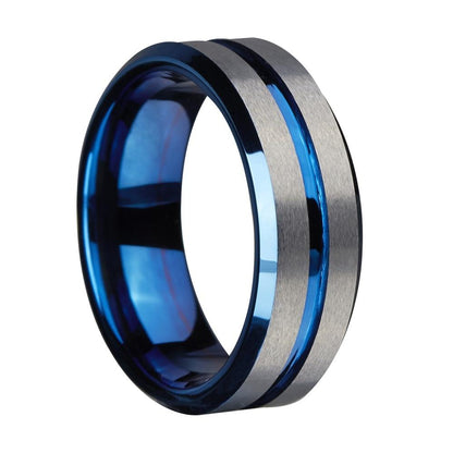 8mm Silver & Blue Groove Matte Tungsten Mens Ring