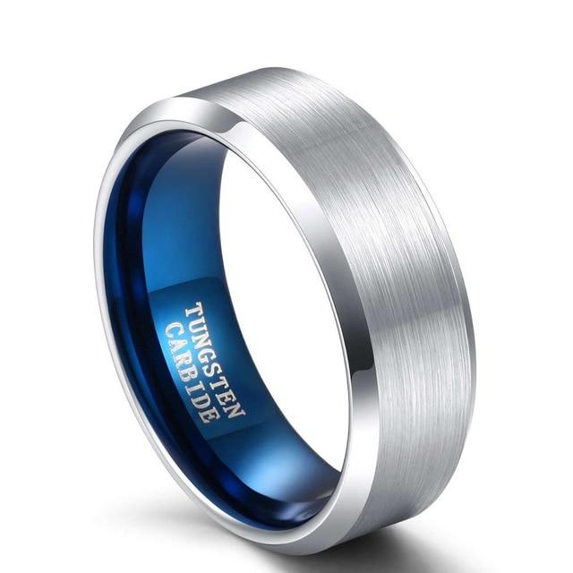 8mm Silver Blue Tungsten Mens Ring