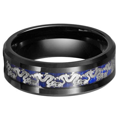 8mm Silver Chinese Dragon Tungsten Mens Ring