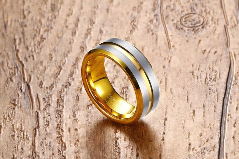 8mm Silver & Gold Color Tungsten Mens Ring