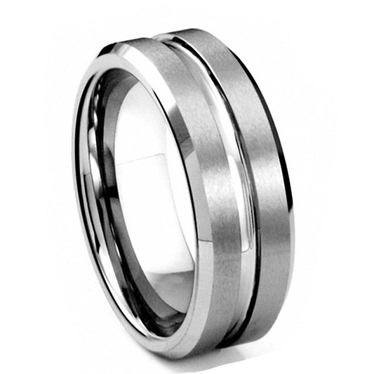 8mm Silver Matte Polished Grooved Tungsten Mens Ring