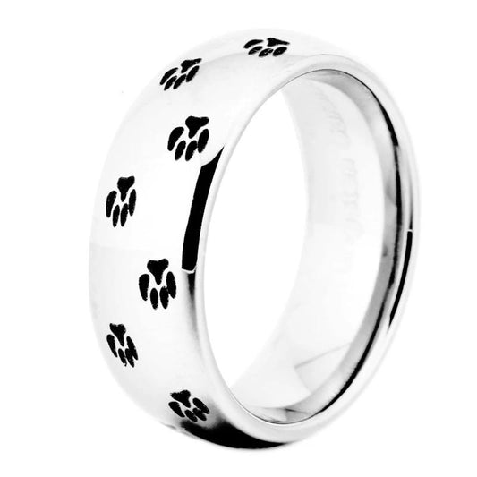8mm Paw Prints Silver Tungsten Unisex Rings