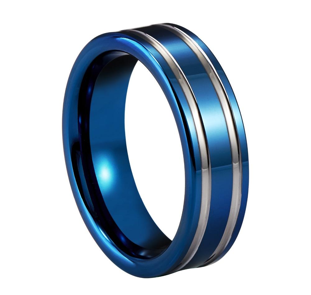 8mm Silver Stripes Blue Tungsten Mens Ring