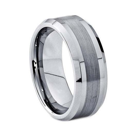 8mm Silver Brushed Center Polished Edges Tungsten Mens Ring