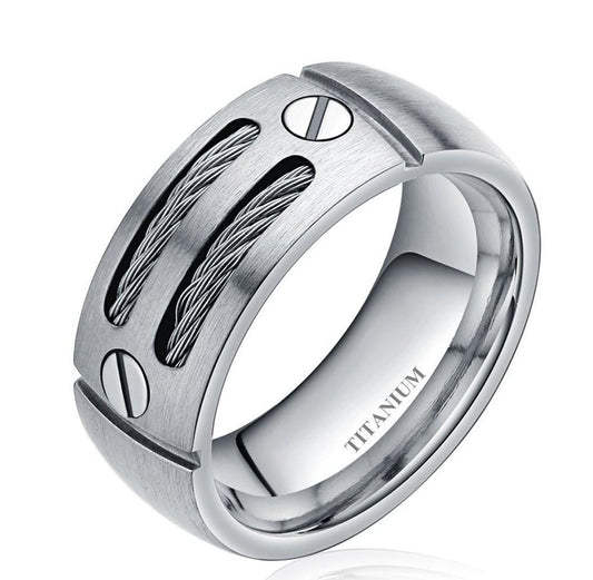 8mm Steel Cables Silver Titanium Mens Ring