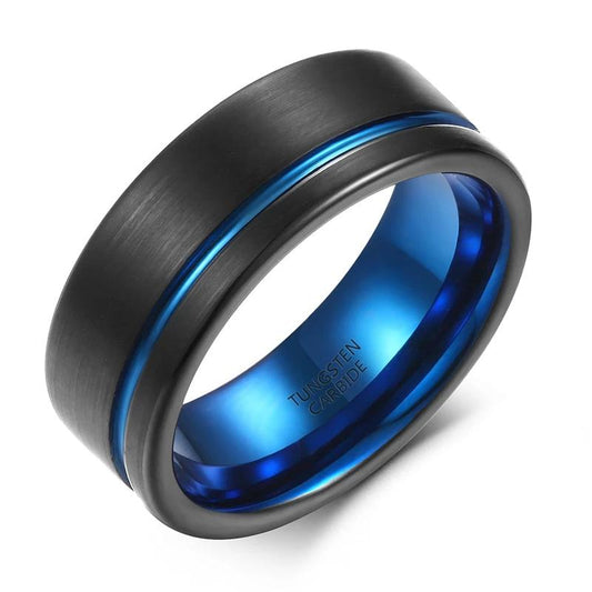 8mm Blue Inlay Blue & Black Tungsten Mens Ring