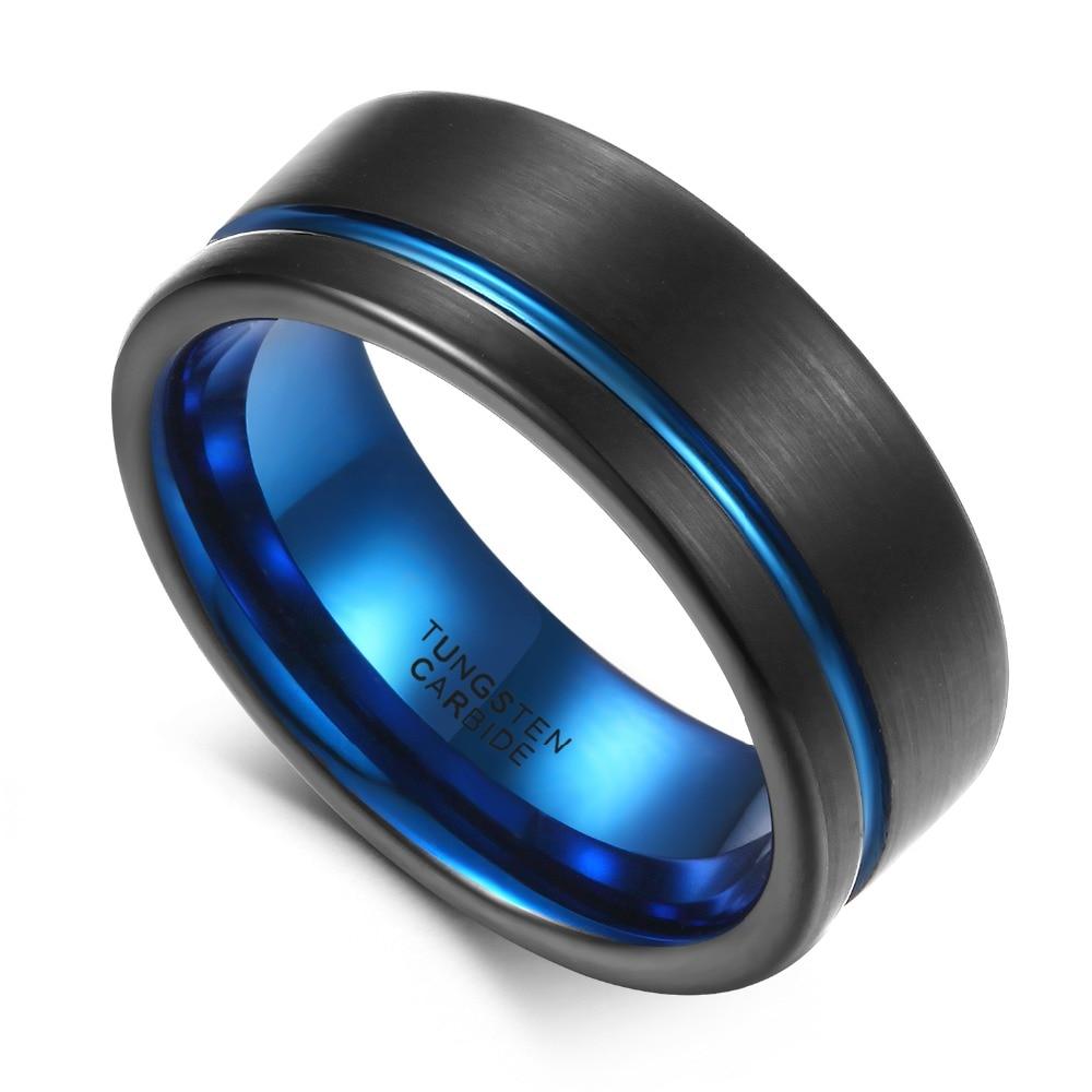 8mm Blue Inlay Blue & Black Tungsten Mens Ring