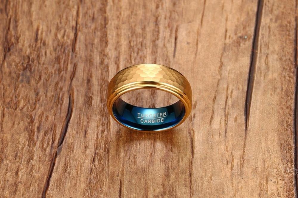 8mm Three Dimensional Carving Design Gold & Blue Tungsten Men's Ring