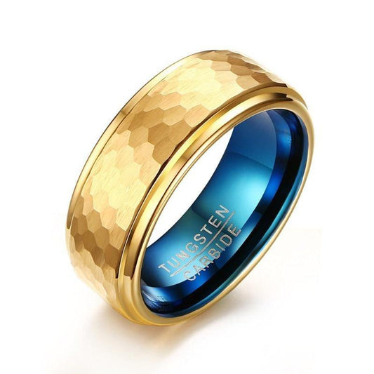 8mm Three Dimensional Carving Design Gold & Blue Tungsten Men's Ring